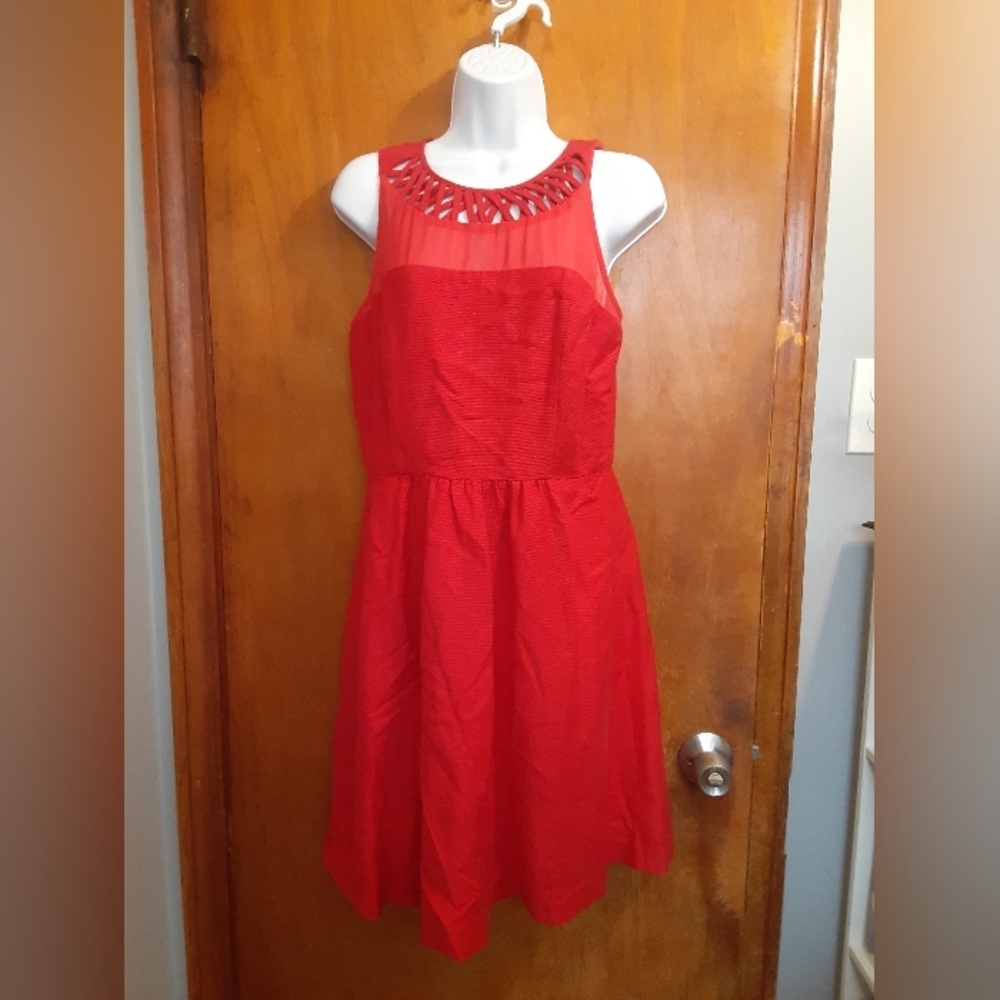 Anthropologie Maeve Women's Red Dress Lattice Neckline Zip Closure Size 8